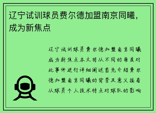辽宁试训球员费尔德加盟南京同曦，成为新焦点